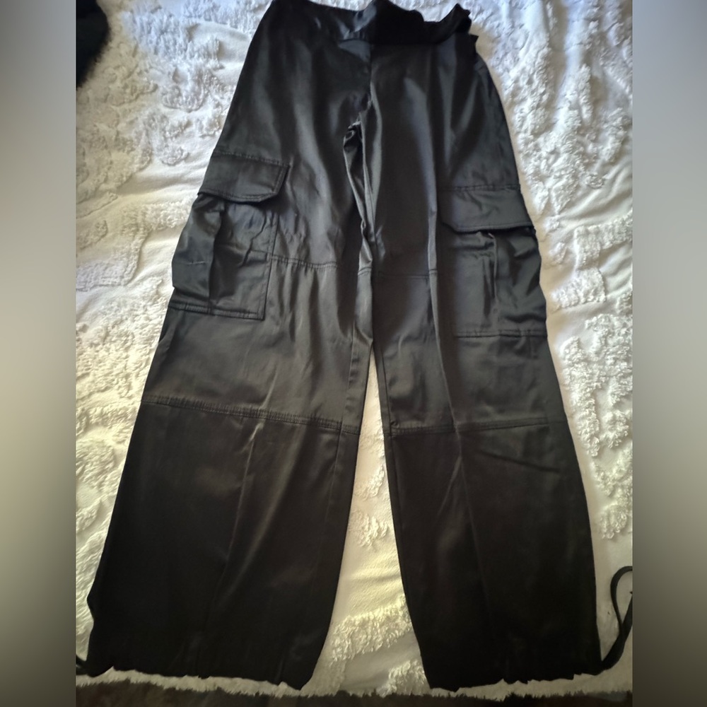 Zara Black Sateen Cargo Pants Cut Out Waist Utility Pockets Pants Tie Ankle